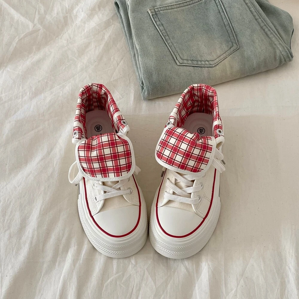 2025高帮拼色韩版格子厚底帆布鞋薄款秋季系带休闲风