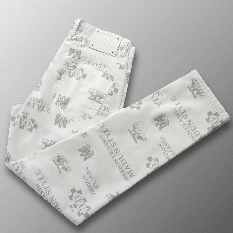 潮牌个性字母印花休闲裤男春夏薄款时尚白色修身小直筒中腰男裤子