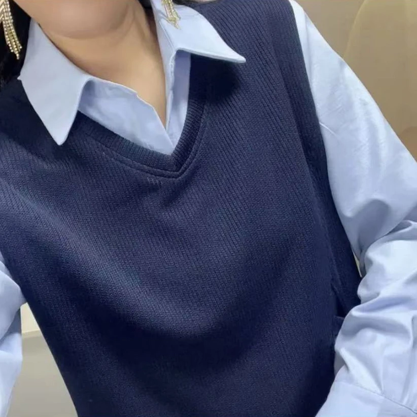 女士翻领毛背心假两件长袖衬衫春季新款休闲百搭舒适2650