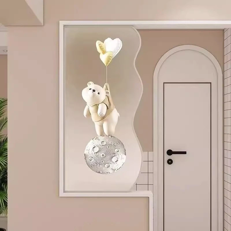 北欧简约壁画卡通暴力熊长虹玻璃屏风卧室玄关卫生间隔断半墙装饰