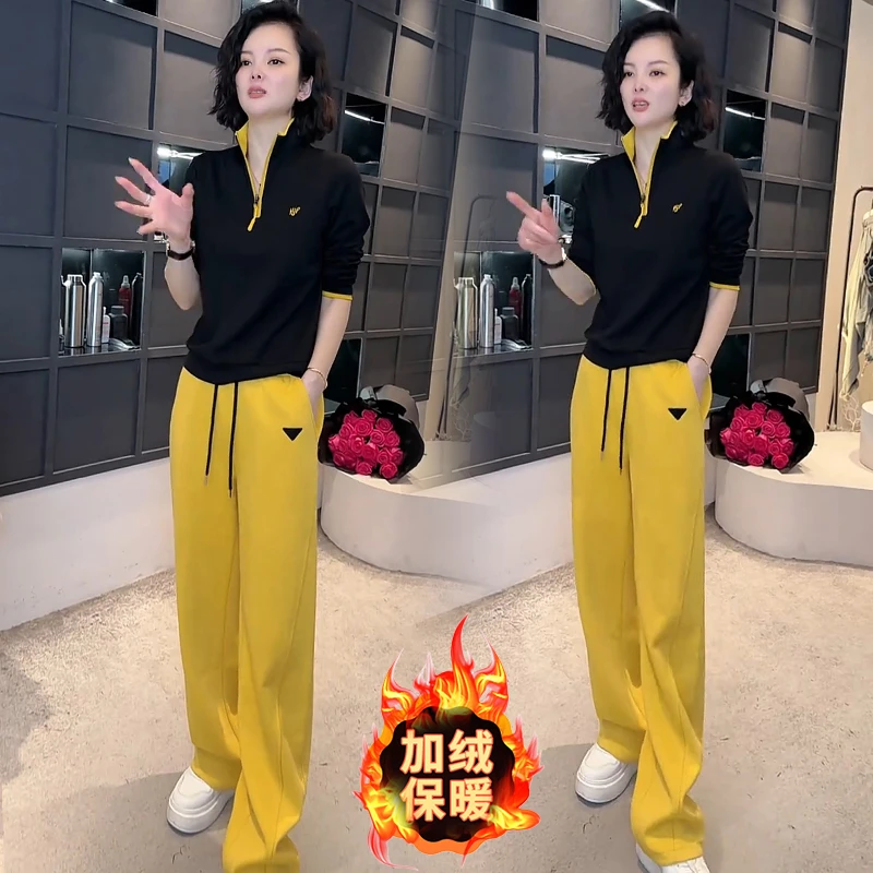 休闲运动裤女2025秋冬新款高腰阔腿三角设计韩版宽松显瘦长裤8195