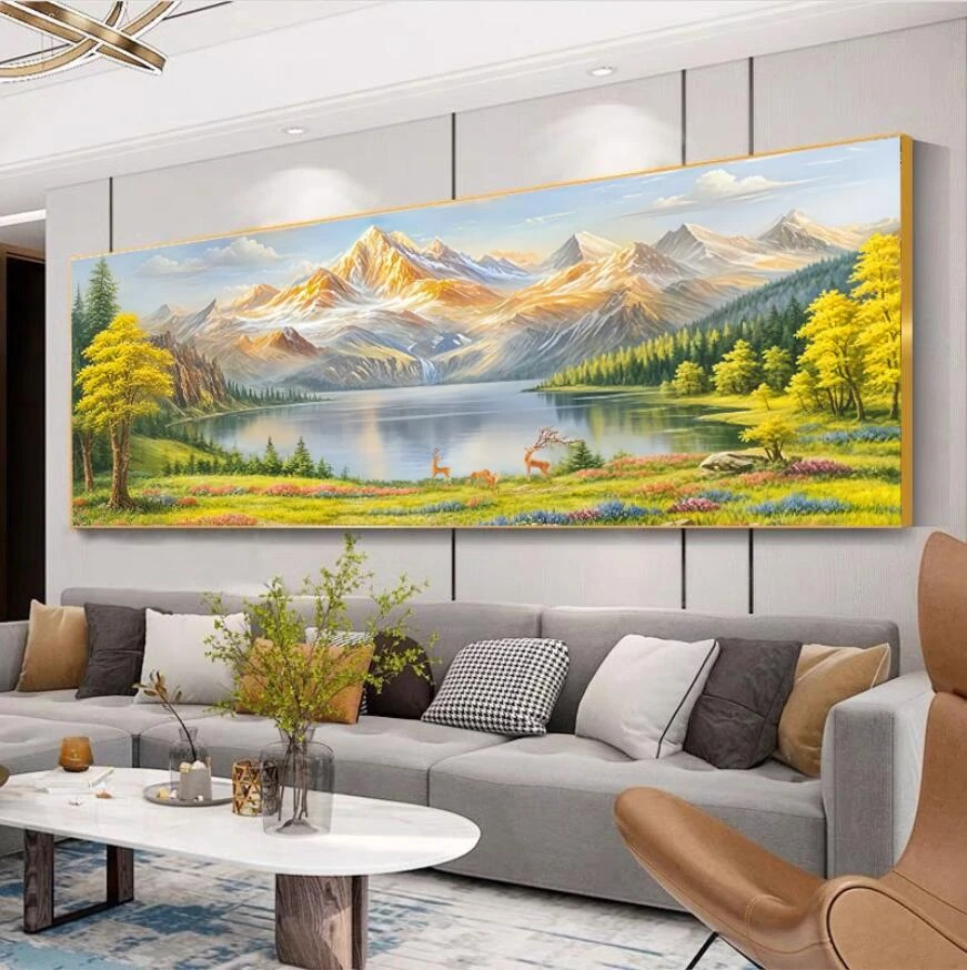 聚宝盆背靠金山客厅沙发背景晶瓷晶钻装饰客厅背景挂墙壁画