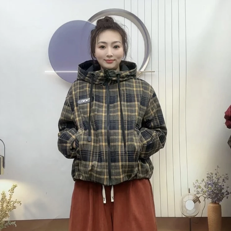 2025年冬季加棉加厚复古休闲连帽保暖棉衣时尚百搭格子宽松外套