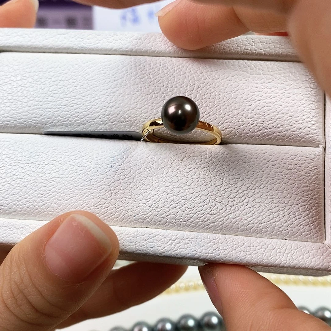 银S925镶嵌海水珍珠戒圈8-9mm大溪地黑珍珠戒指