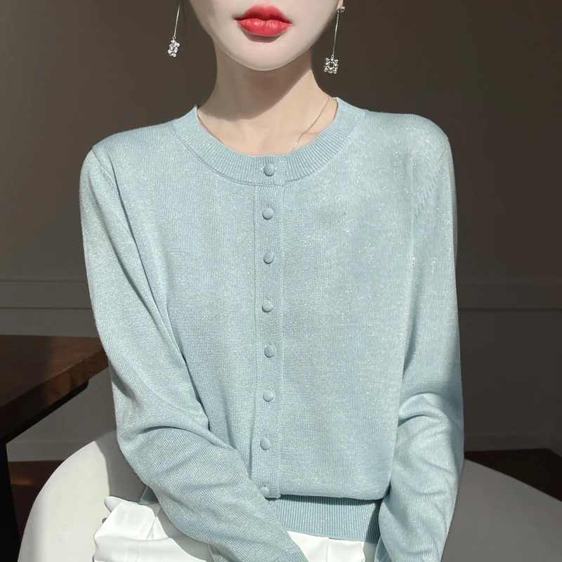精纺羊毛针织衫女圆领亮丝开衫百搭外套薄款毛衣春秋打底内搭