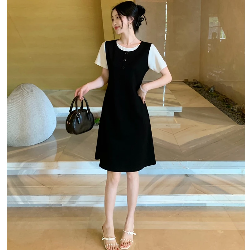 艾墨儿夏季新款短袖小黑裙假两件拼接休闲气质A字连衣裙#868