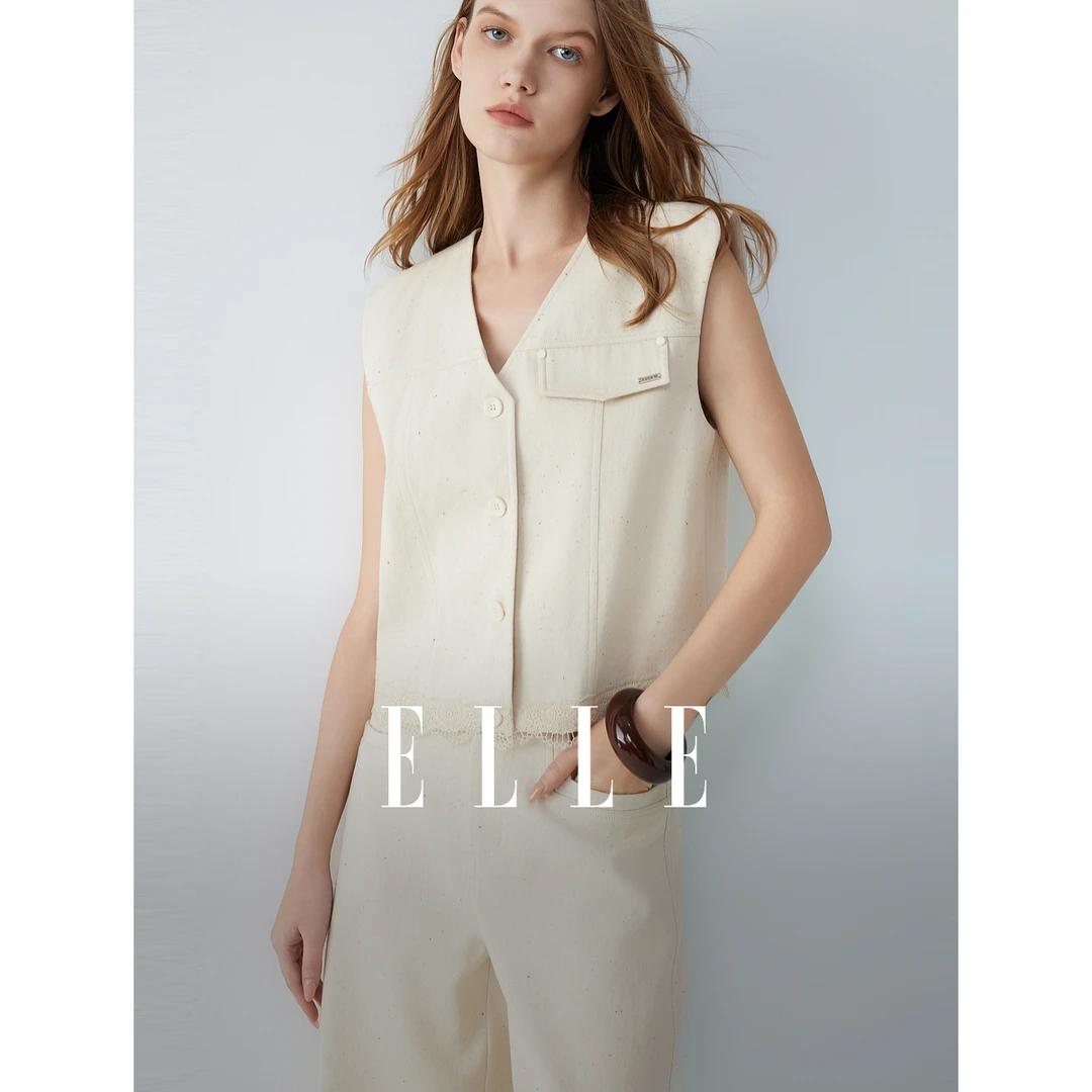 ELLE法式高智感彩点V领马甲女2025秋新款设计感通勤EB52156