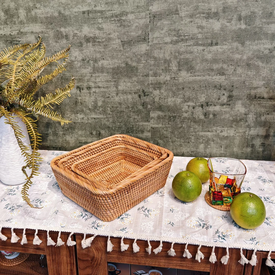 秋藤美越南藤编 29*24*10宽口包边方形果盘三件套桌面收纳整理筐