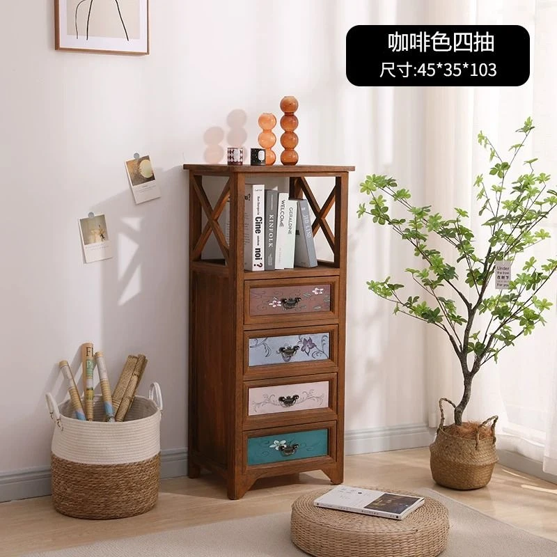 4535带门抽屉式家用实木收纳柜彩绘款复古客厅牙科储物柜立柜柜子