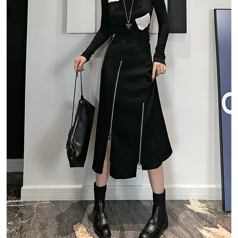 Dan Dan 黑色潮人时尚款三拉链半身裙女