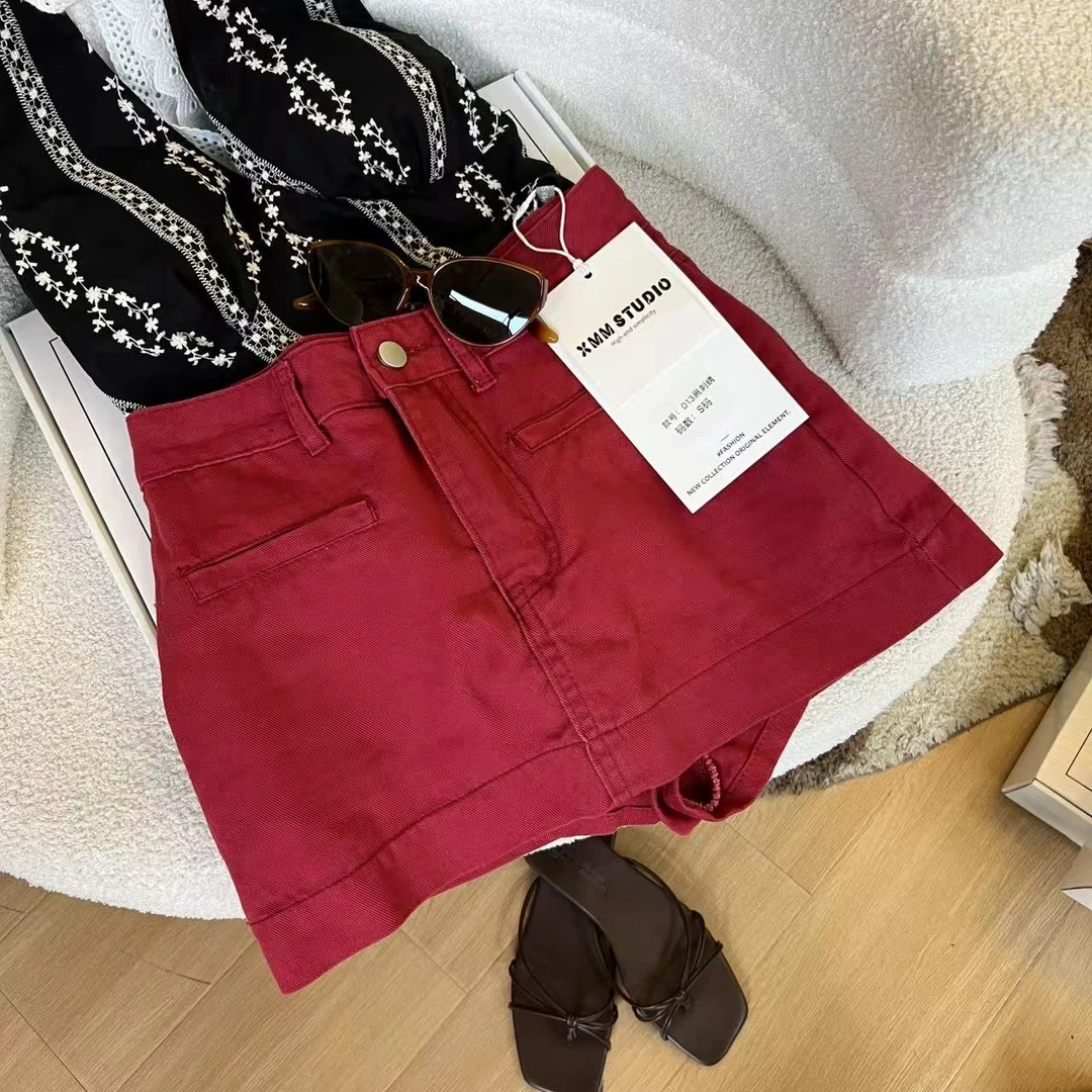 XMM【学妹】深红色牛仔短裙裤