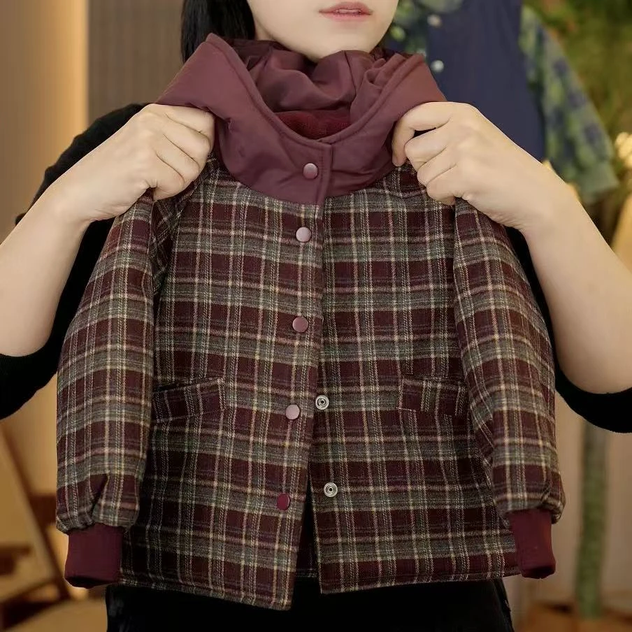幂姐童装 儿童外套秋冬季新款格子连帽棉衣加厚保暖设计感棉服