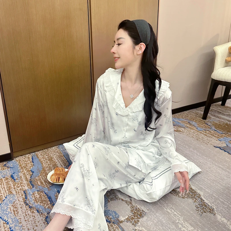 春夏季睡衣女法式甜美少女冰丝印花长袖气质翻领薄款家居服套装