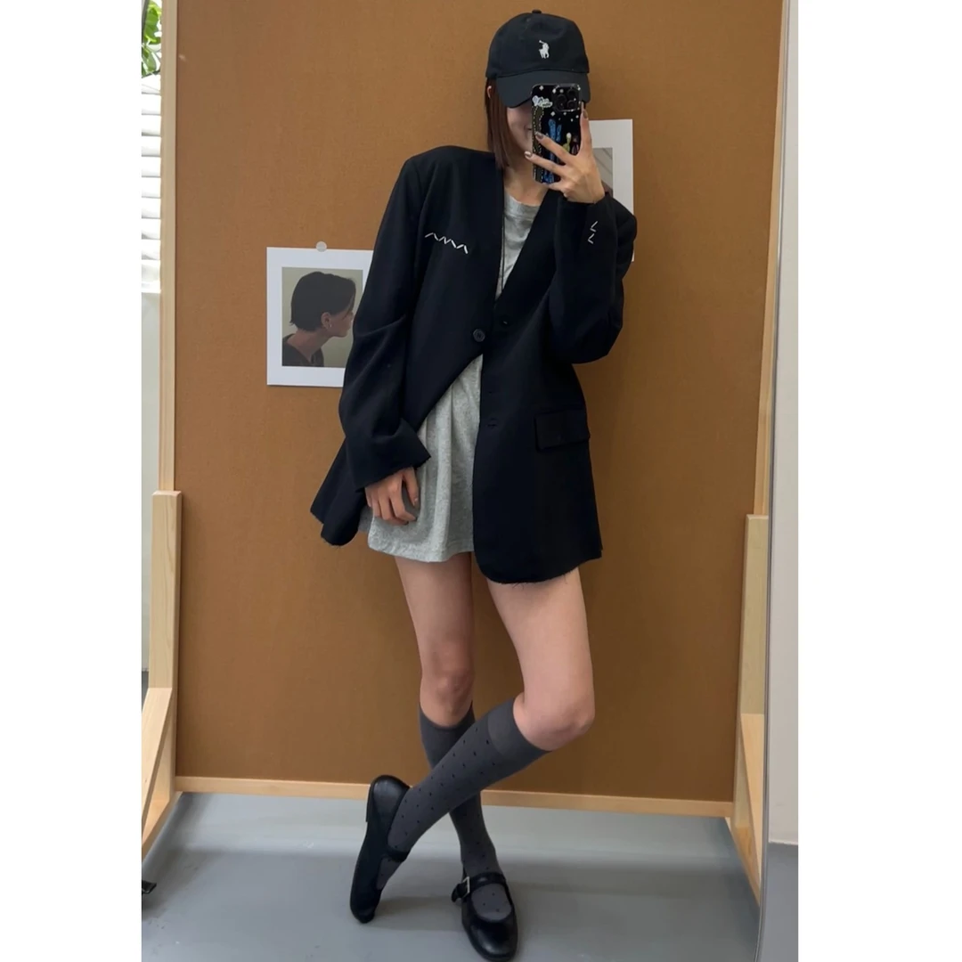 【清】2025秋季韩版新款口袋缝线设计V领西装西服宽松外套女80118