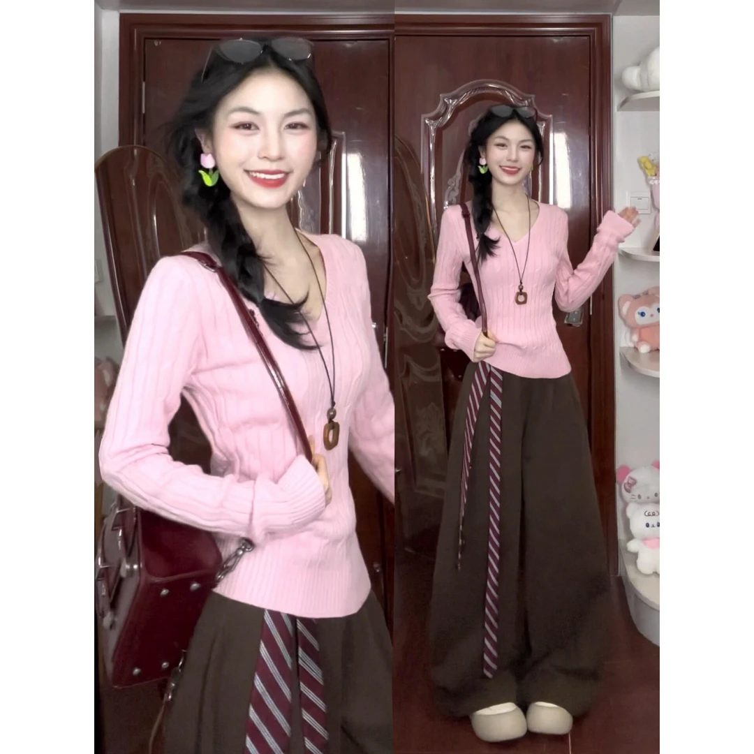 MARIE.COCO韩系洋气减龄V领粉色长袖针织衫上衣直筒阔腿裤两件套