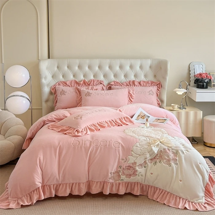 JN 9030 牛奶绒立体花刺绣四件套 心心相印-粉