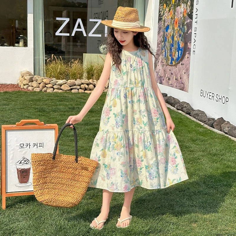 女童新款碎花连衣裙2025时尚中大童儿童洋气背心裙田园风甜美裙子