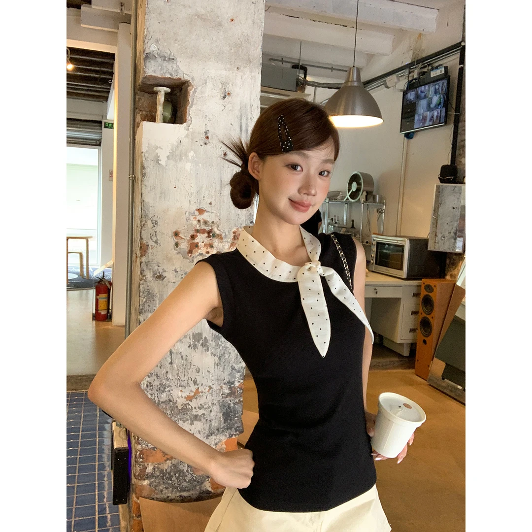 【夏日焦点背心】夏季小众侧领无袖蝴蝶结波点通勤穿搭背心252A2776