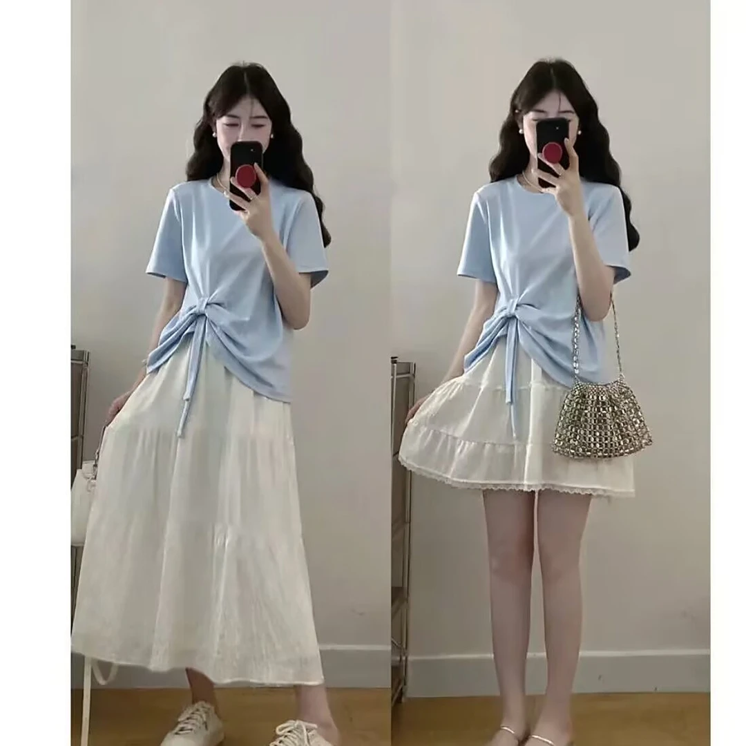 大码女装夏季新款胖mm新款花边蛋糕裙+蝴蝶结宽松T恤洋气减龄套装