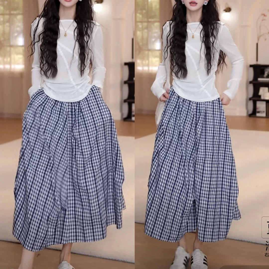 【拉拉专属】2527#夏季斜花边防晒长袖T恤格子半身裙休闲套装女