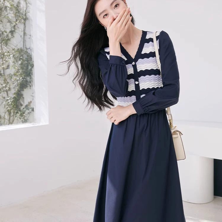 【绿子粉丝专享】N841228连衣裙 香影v领假两件连衣裙藏青色条纹