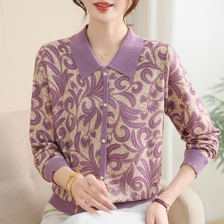 妈妈装小衫上衣宽松气质中老年人女装针织衫娃娃领打底衫秋季套装
