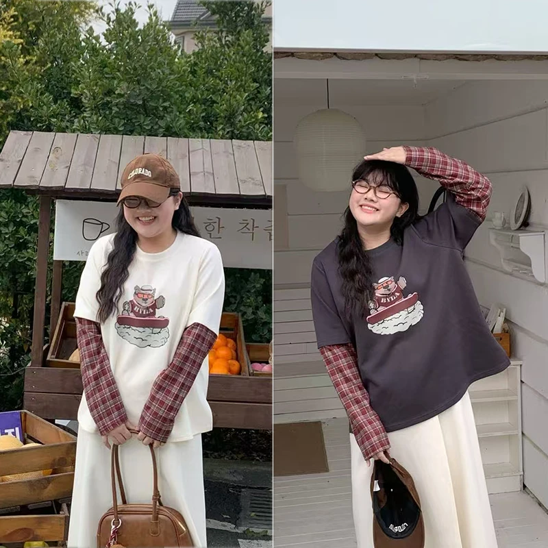 【C】印花圆领长袖设计感撞色拼接格子假两件T恤 5512