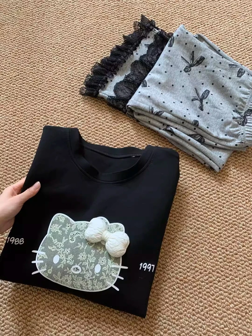 可爱蕾丝猫咪纯棉睡衣女春秋季长袖长裤宽松家居服套装可外穿