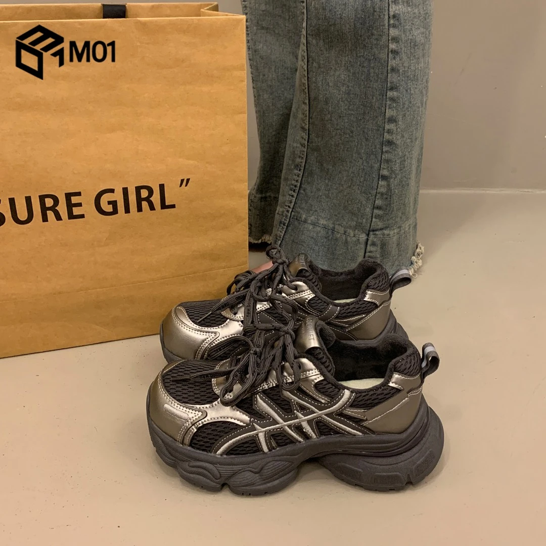 M01加绒厚底老爹鞋女增高显脚小超火新款秋冬百搭运动休闲阿甘鞋