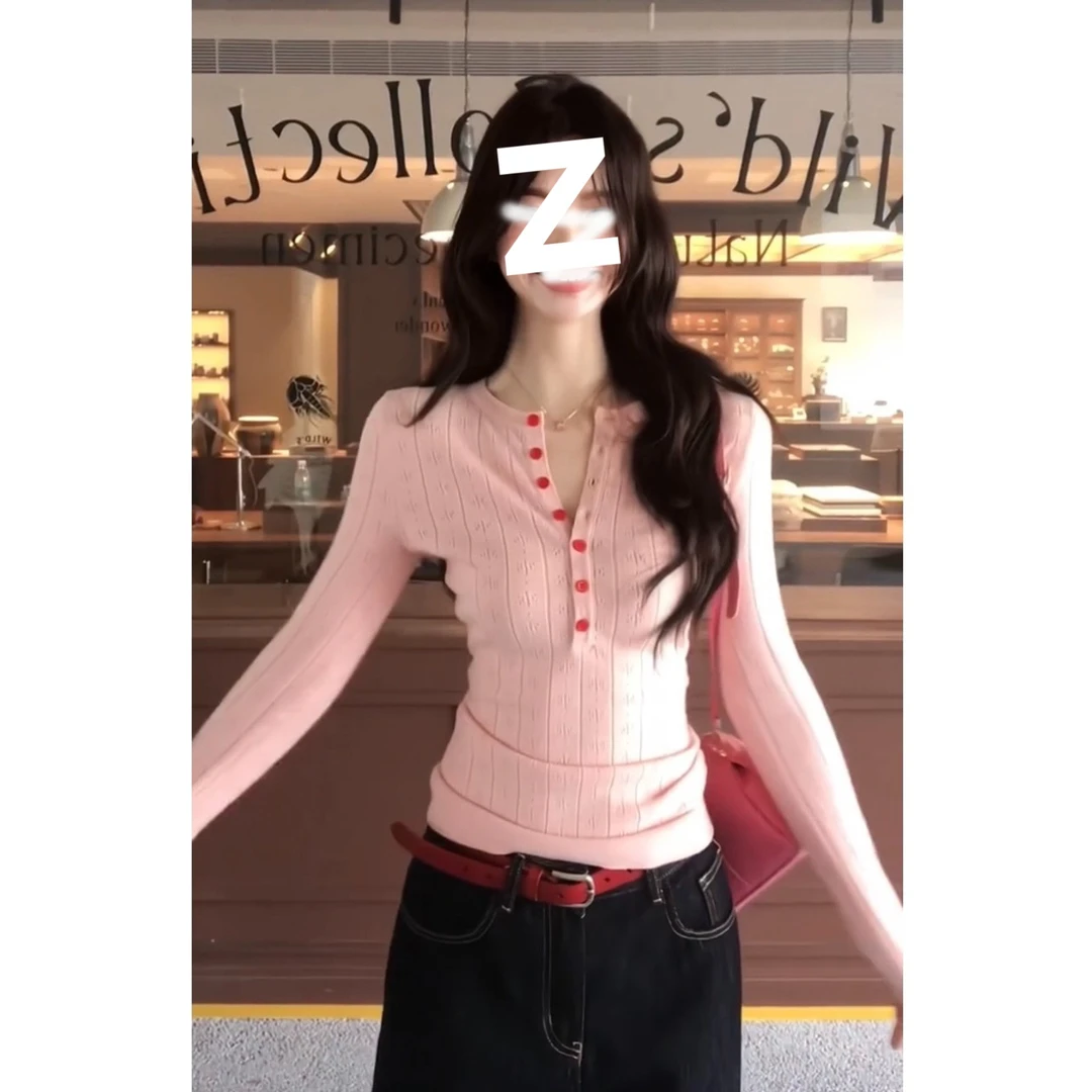 纯欲亨利领镂空提花针织衫女秋冬内搭掐腰短款打底衫修身显瘦上衣