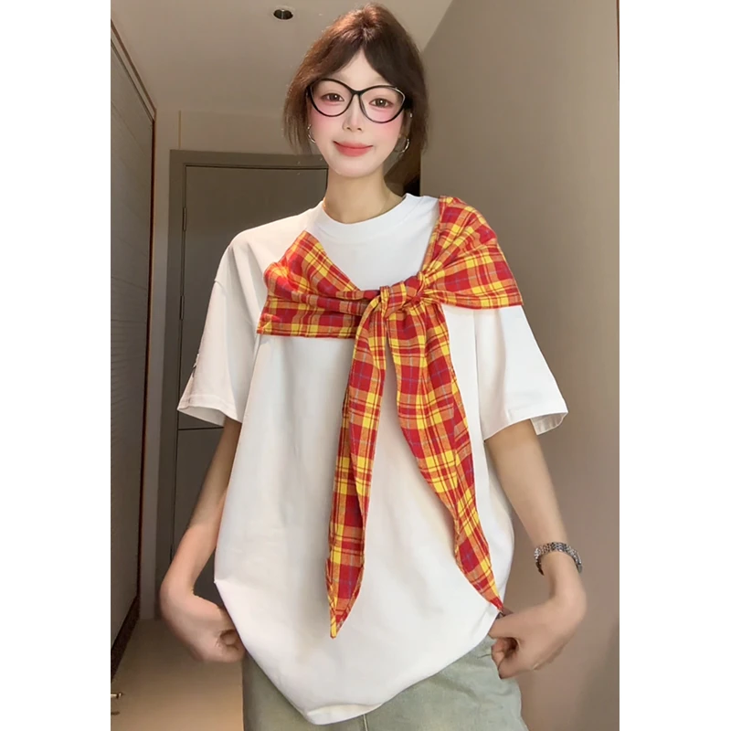慵懒感格子蝴蝶结绑带短袖t恤女夏季学院风oversize宽松休闲上衣