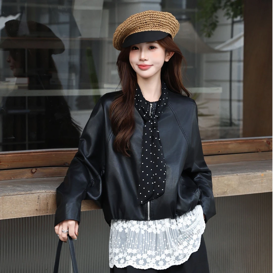 韩系复古波点飘带圆领皮衣外套女2025秋季新款休闲宽松皮夹克