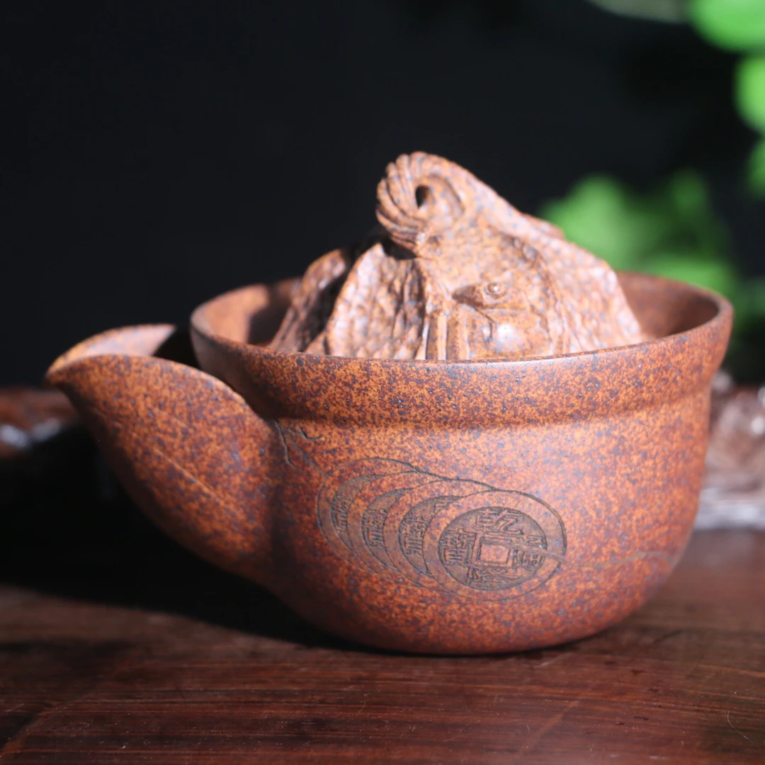 当代 A030宜兴原矿紫砂龙骨金砂柴烧手工陶刻和谐手抓壶宝瓶150cc