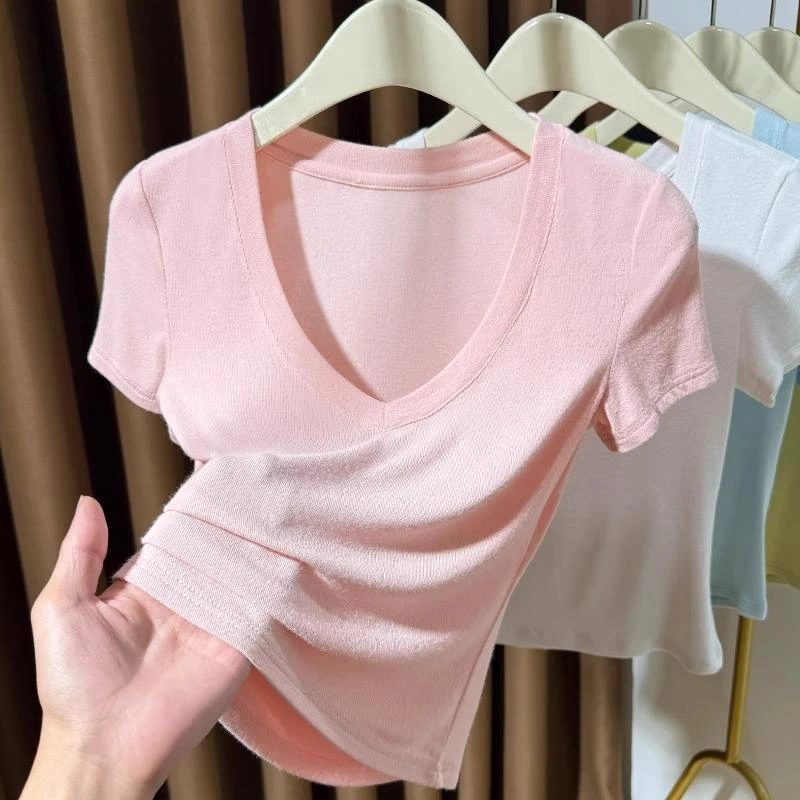 粉色深V领针织t恤短袖2025新款打底内搭低胸纯欲风性感上衣女夏季
