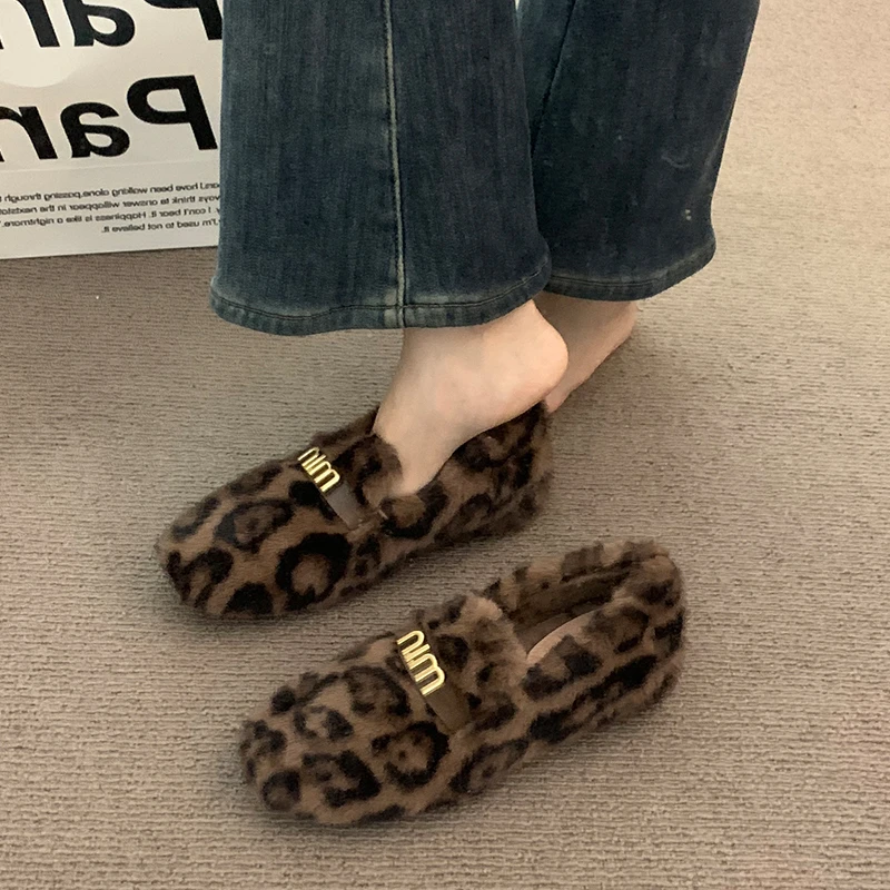 内增高豹纹时髦外穿毛毛鞋女秋冬季坡跟一脚蹬网红加绒豆豆棉鞋