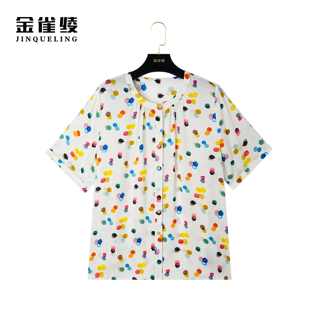 金雀绫【彩虹豆】桑蚕丝真丝时尚港风夏季波点小衫AS6110