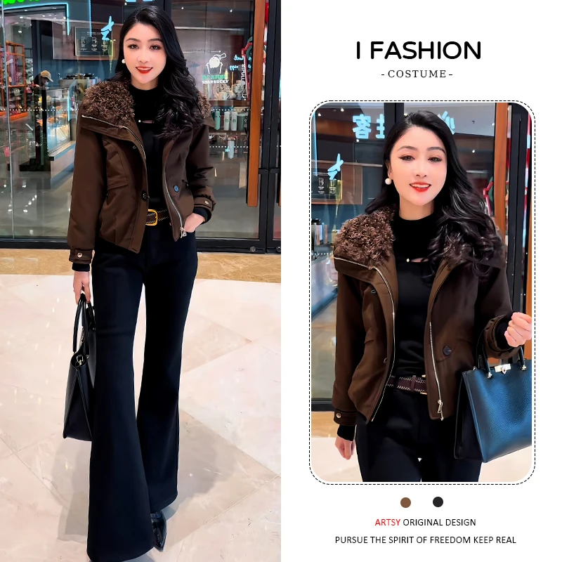 加厚韩版洋气高级感短外套女2025年冬季新款加厚保暖毛领开衫上衣