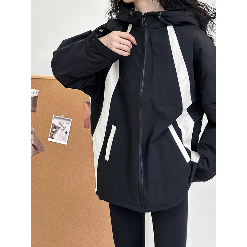 与默门店款 春秋冬款韩系女2025宽松休闲夹棉拉链外套连帽冲锋衣