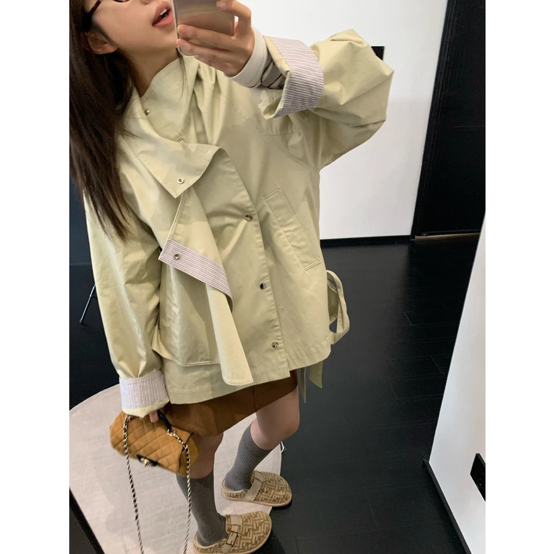 Multi Math时髦精/短款风衣秋撞色拼接条纹廓形显瘦宽松百搭英伦