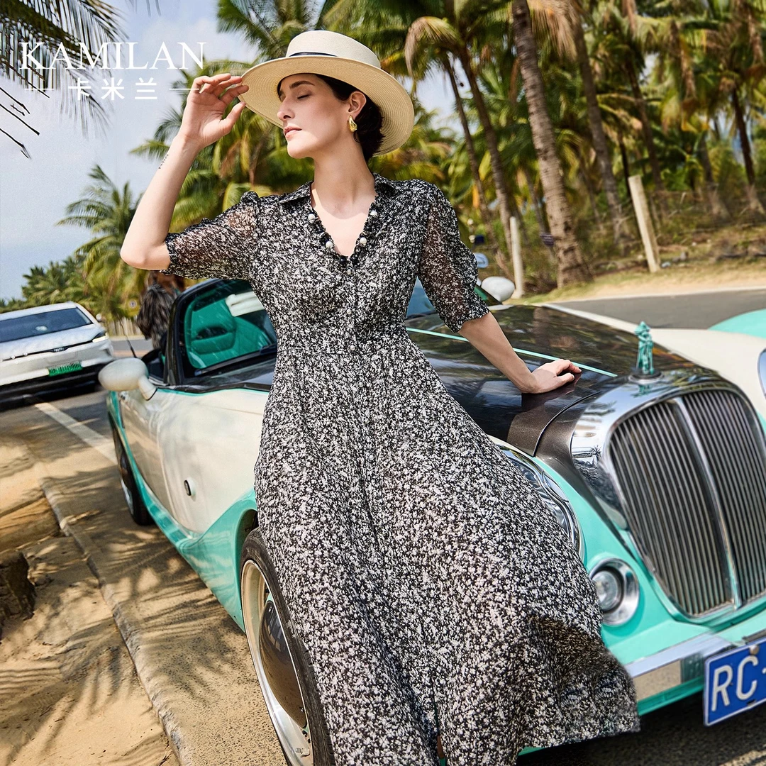 卡米兰桑蚕丝碎花连衣裙女2024年夏新款真丝中长款高腰印花A字裙