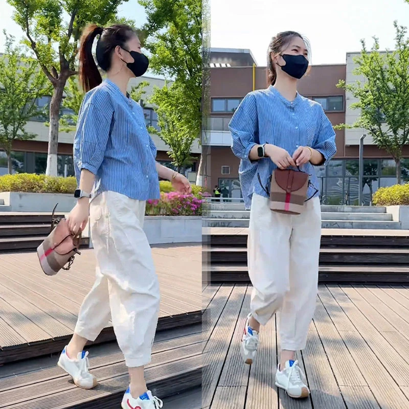 减龄一整套穿搭高级感时尚条纹气质短袖衬衫显瘦休闲裤两件套装女