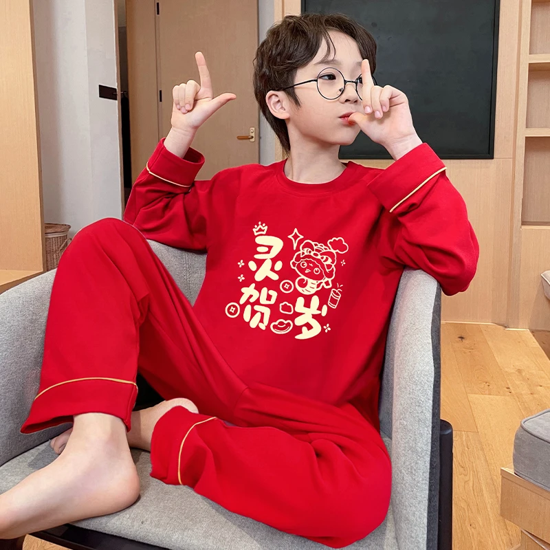 bejirog/北极绒小男孩春秋季长袖长裤纯棉套头款红色睡衣儿童套装