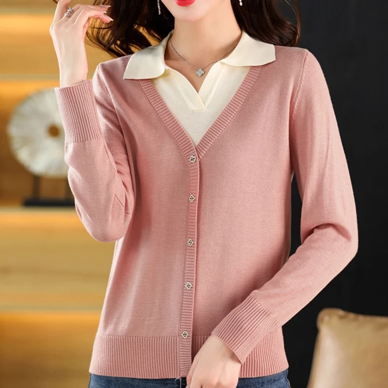 2025春季新款小方领长袖翻领假两件洋气百搭小衫显瘦宽松长袖针织