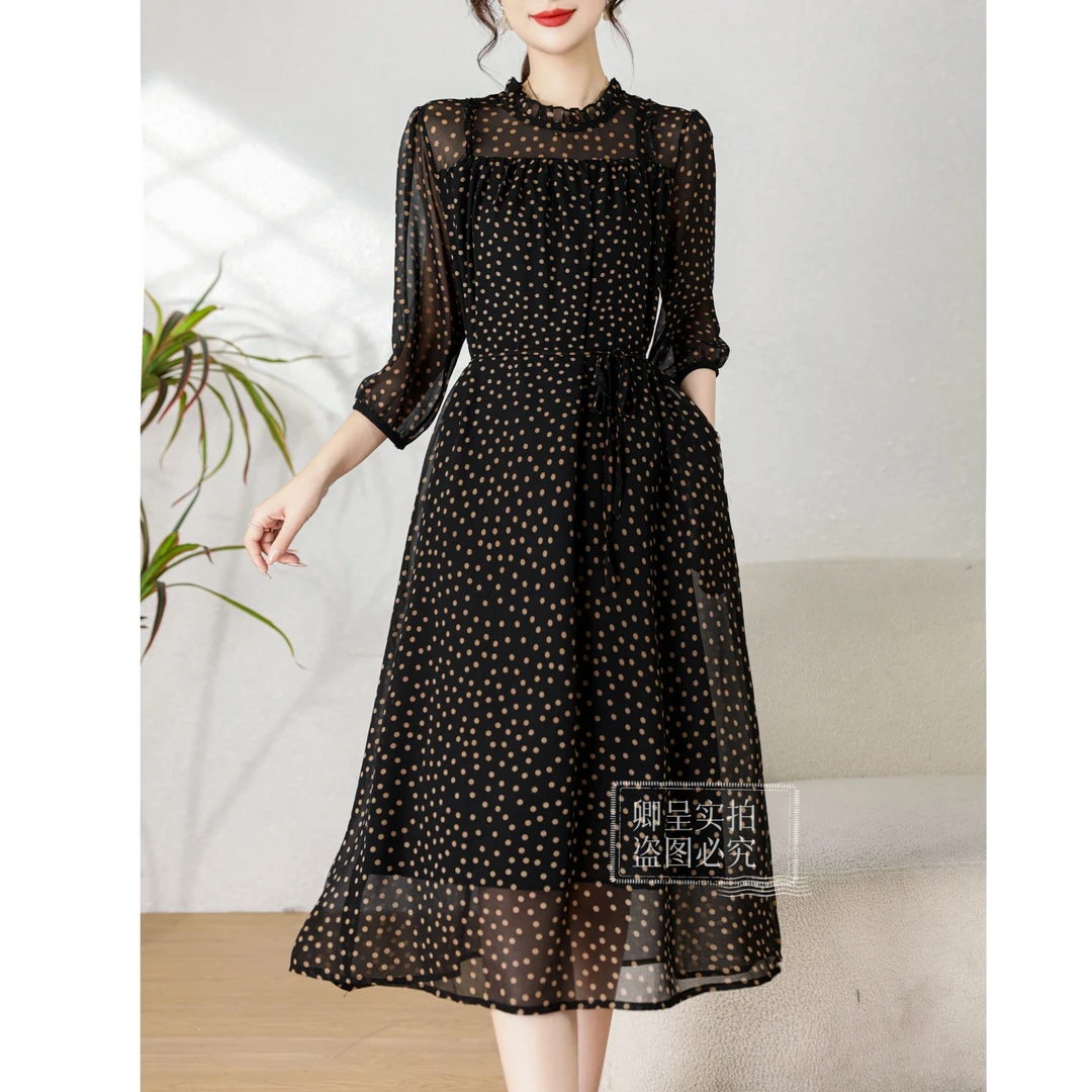 【原厂正品】Y1136黑色点点防晒袖连衣裙波点夏季新款裙子显瘦长裙