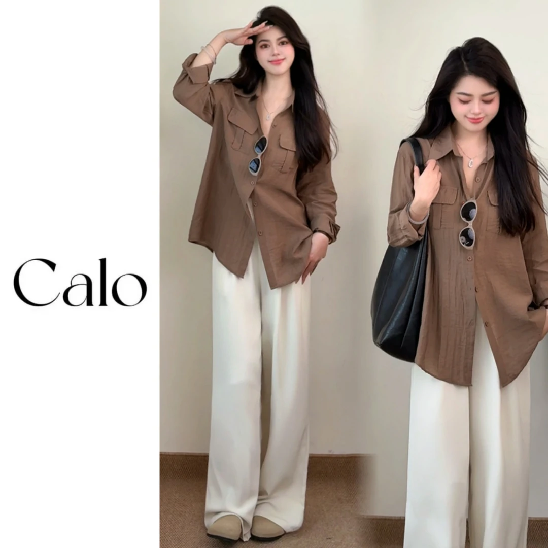 秋季韩系咖色衬衣休闲长袖上衣背心+垂感杏色西裤风衣套装女