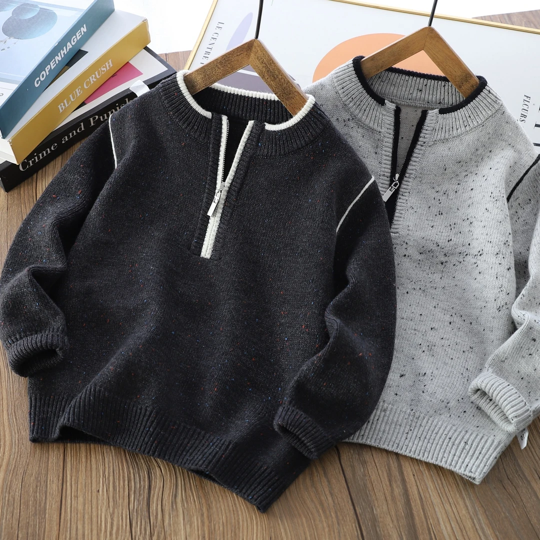 男童百搭拉链圆领毛衣2025秋冬儿童羊毛衫中大童加厚保暖针织衫
