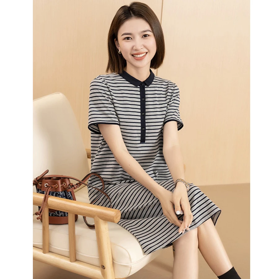 欧若风洋气百搭polo领连衣裙女小香风减龄宽松显瘦条纹裙