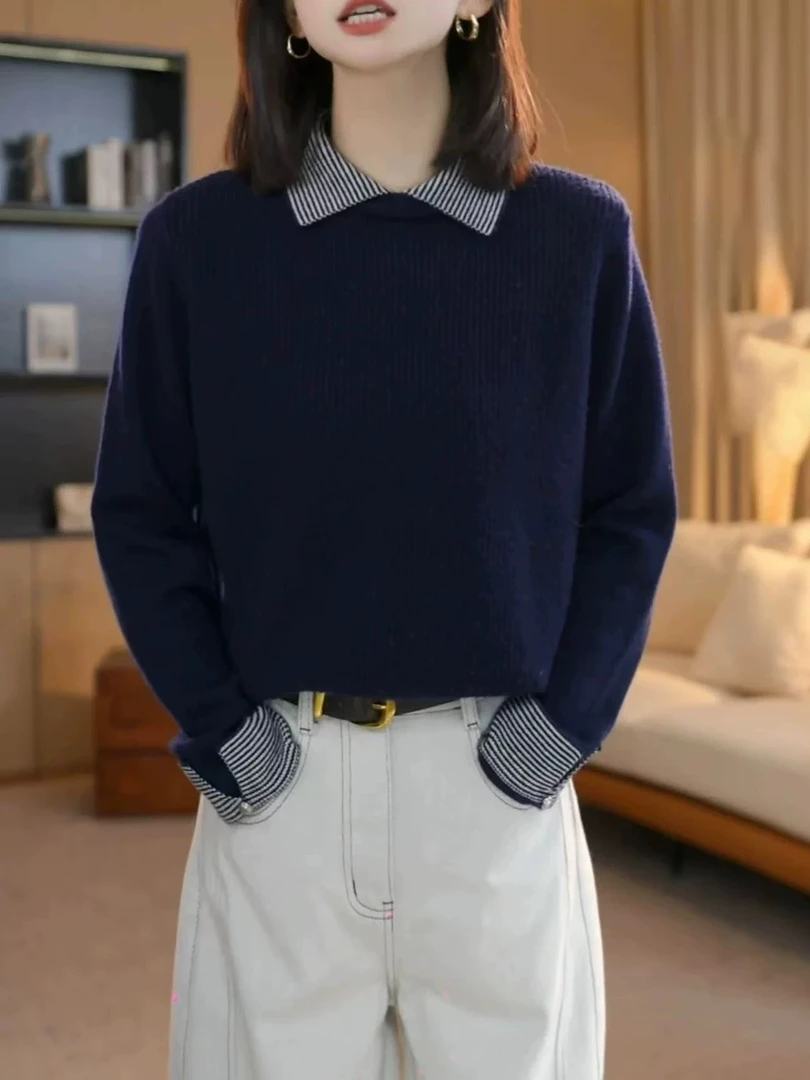 女秋冬宽松版型撞色假两件翻领长袖针织衫内搭外穿显瘦毛衣打底衫