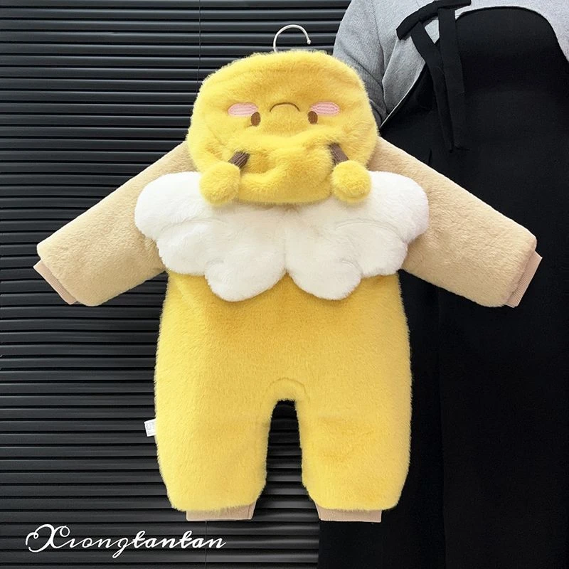 婴儿宝宝新生儿连帽加绒幼儿加厚保暖冬款秋冬季毛毛衣爬爬服哈衣