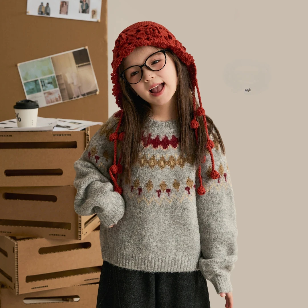 女童费尔岛加厚毛衣2025新款秋冬菱形格超软保暖厚实打底针织衫潮